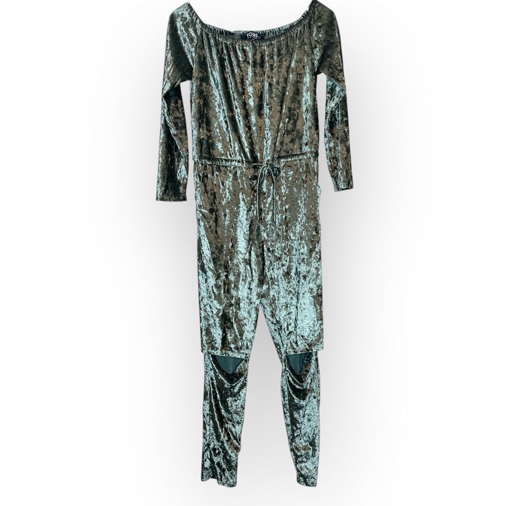 YOINS Green Velvet Off the Shoulder Tie Waist Jumpsuit Size L